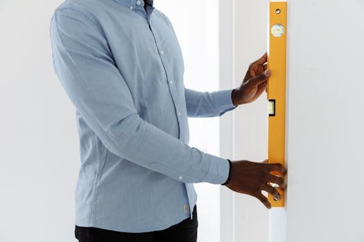 A Man in Black Long Sleeves Checking the White Wall Using Spirit Level