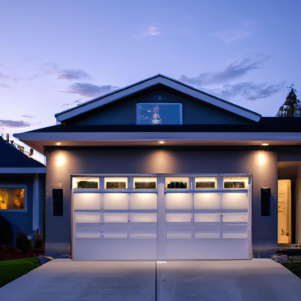 A modern Seattle suburban home with a sleek smart garage door partially open at dusk