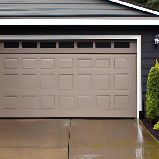 Residential sectional garage door on a wet driveway in Medina, WA with visible panels and weather seal, overcast morning light.