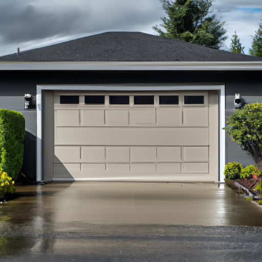 Medina suburban garage exterior with modern closed sectional door on a wet morning, no people.