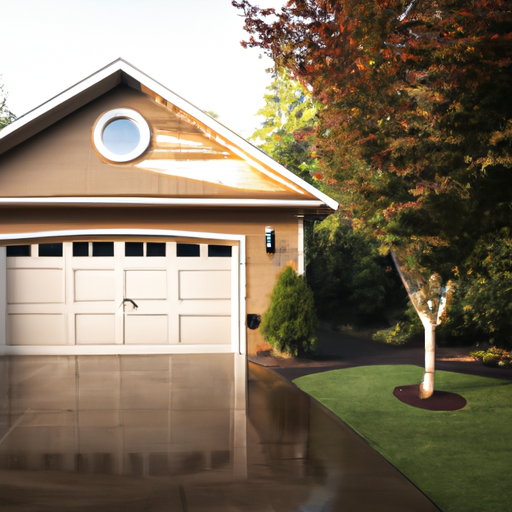 Medina, WA suburban home with a closed insulated garage door, cedar siding and a wet driveway in morning light