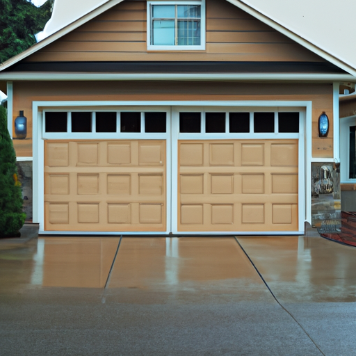 Suburban Medina driveway with a modern insulated garage door on a two-story home, overcast Pacific Northwest light