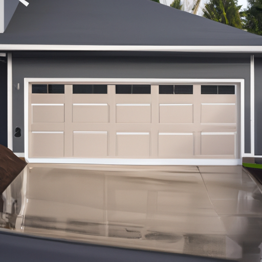 Exterior view of a residential garage in Medina, WA with an insulated sectional garage door and sealed threshold.