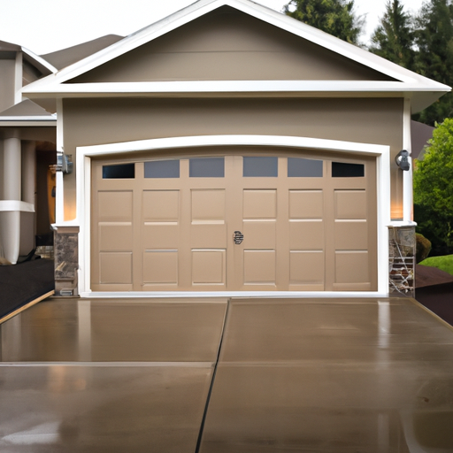 Suburban home in Medina, WA with a closed modern garage door and wet driveway under an overcast sky.