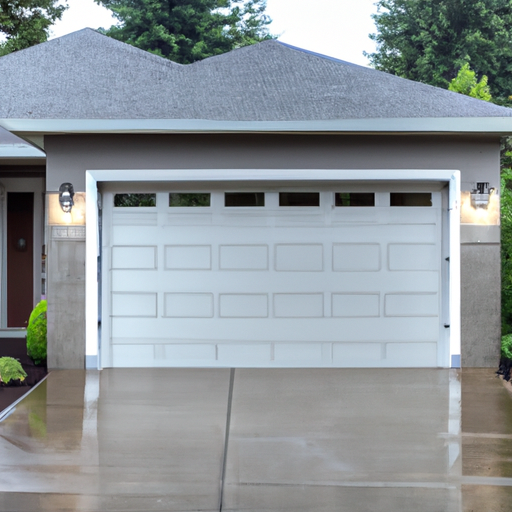 Modern gray panel garage door on a suburban Medina, WA home with wet pavement and evergreen landscaping visible.