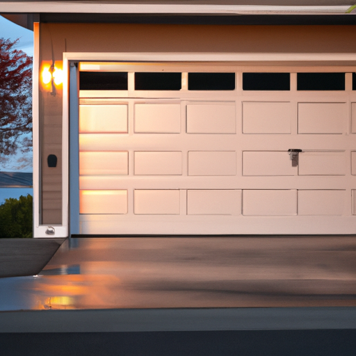 Modern sectional garage door on a Medina, WA home at golden hour, no people.