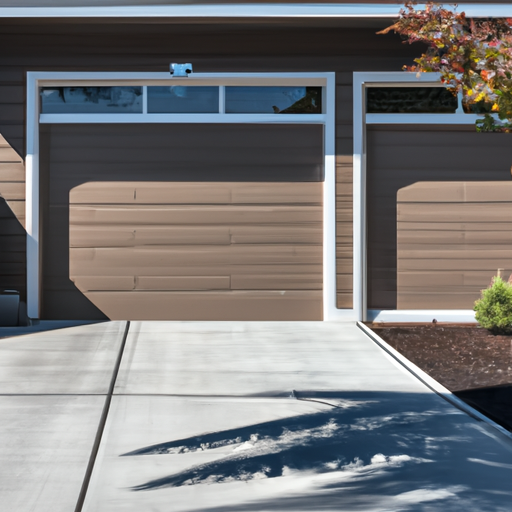 Sectional garage door and tracks on a Medina, WA home exterior, clear weather, no people.