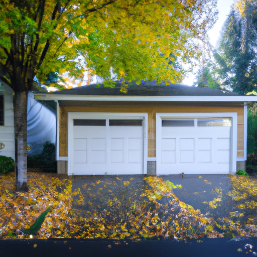 Wide shot of a closed residential garage door in Medina, WA with autumn leaves on the driveway and clear weatherstripping.