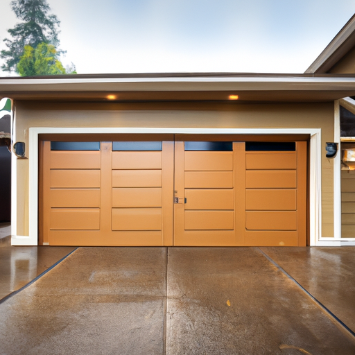Residential garage door installed on a modern Medina, WA home with visible track and weather seal, overcast light.