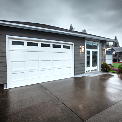 Modern residential garage in Medina, WA with a visible smart garage door and sensors under overcast PNW light.