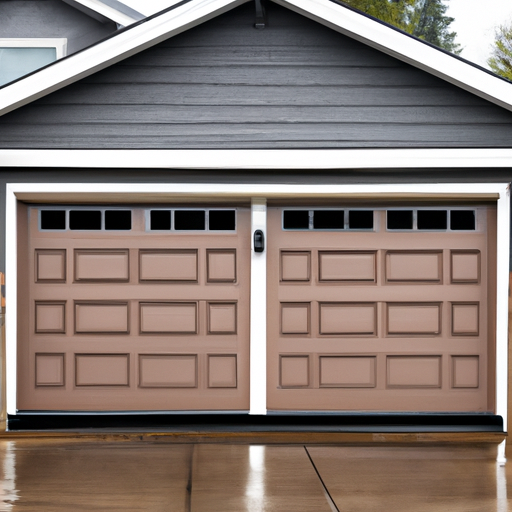 Insulated garage door on a Medina, WA home with visible panel seams and weatherstripping under an overcast sky.