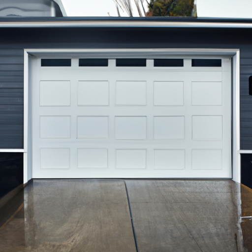 Insulated garage door on a Medina, WA home with visible bottom seal and wet driveway under overcast sky.