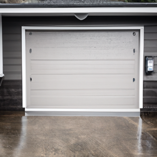 Medina home garage door with visible smart controller box in overcast Northwest light
