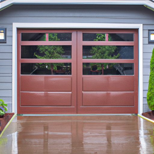 Sectional garage door on a wet, overcast day in a Medina, WA residential setting with evergreen landscaping.