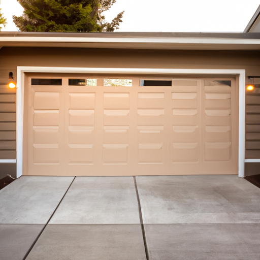 Modern residential garage door in a Medina, WA neighborhood, full door visible, wet driveway in soft evening light.