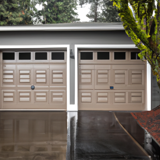 Exterior view of a modern composite garage door on a Medina, WA home on a wet, tree-lined street; no people present.
