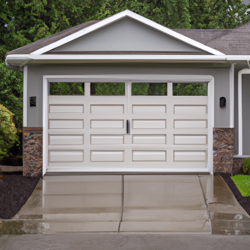 Sectional garage door on a suburban Medina, WA home under overcast sky with wet driveway and trimmed landscaping.