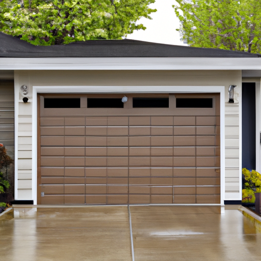 Closed residential garage door on a wet street in Medina, WA with evergreen landscaping